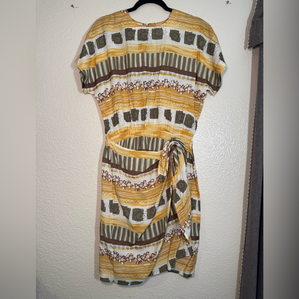 karin stevens Yellow and Olive Striped Tie-Waist Midi Dress